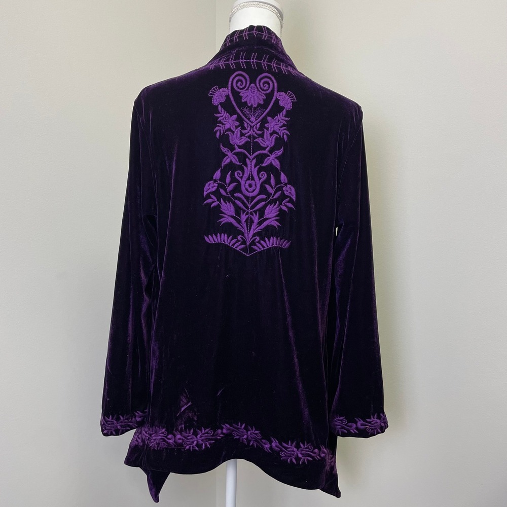 Paparazzi Purple Velvet Embroidered Open Front Cardigan Jacket M Boho - Picture 4 of 16